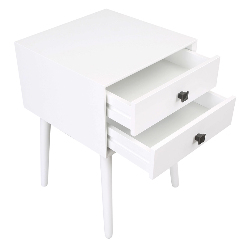Bowery Hill Mid-Century 2-Drawer Side Table in White Wood