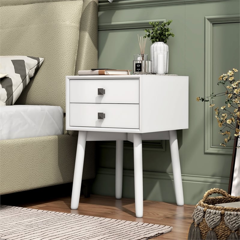 Bowery Hill Mid-Century 2-Drawer Side Table in White Wood