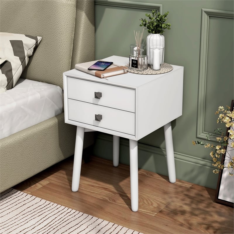 Bowery Hill Mid-Century 2-Drawer Side Table in White Wood