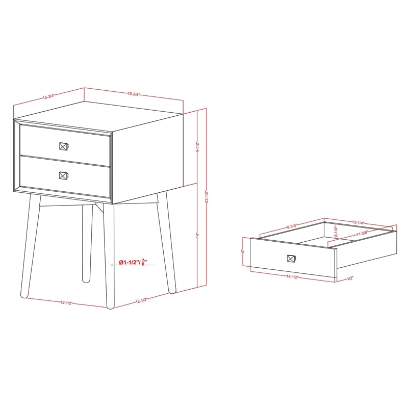 Bowery Hill Mid-Century 2-Drawer Side Table in White Wood