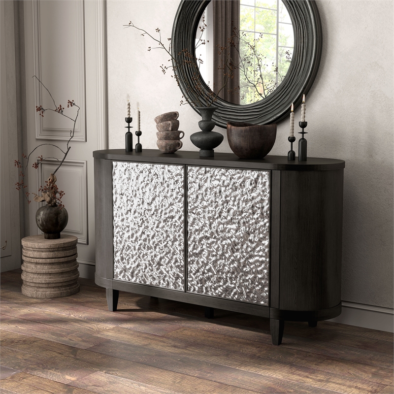 Bowery Hill Solid Rubberwood 3-Door Server in Ash Gray with Shelves