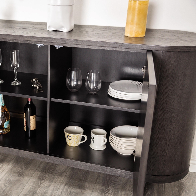 Bowery Hill Solid Rubberwood 3-Door Server in Ash Gray with Shelves