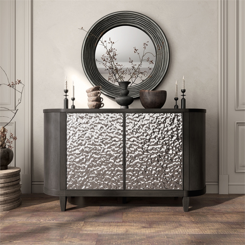 Bowery Hill Solid Rubberwood 3-Door Server in Ash Gray with Shelves