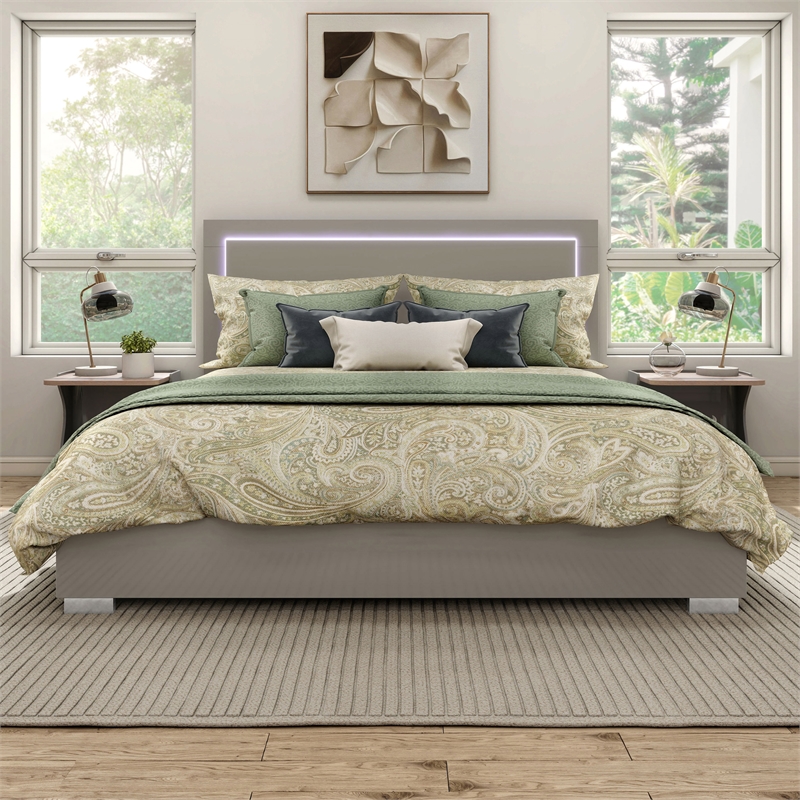 Bowery Hill LED Light Eastern King Bed in Light Taupe