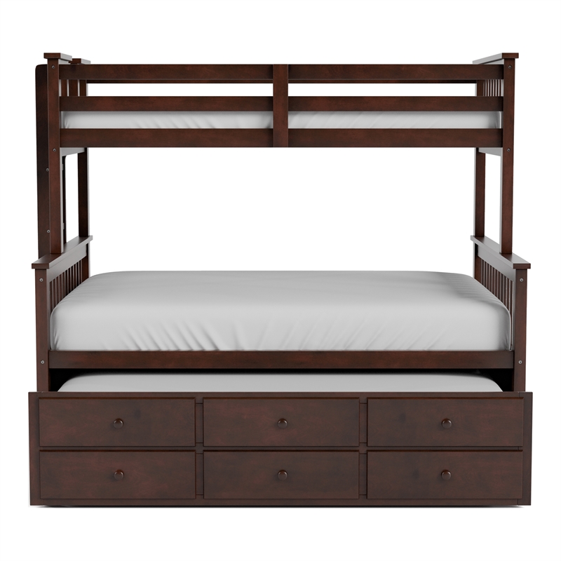 Bowery Hill Twin Over Full Bunk Bed with Trundle Drawer in Dark Walnut