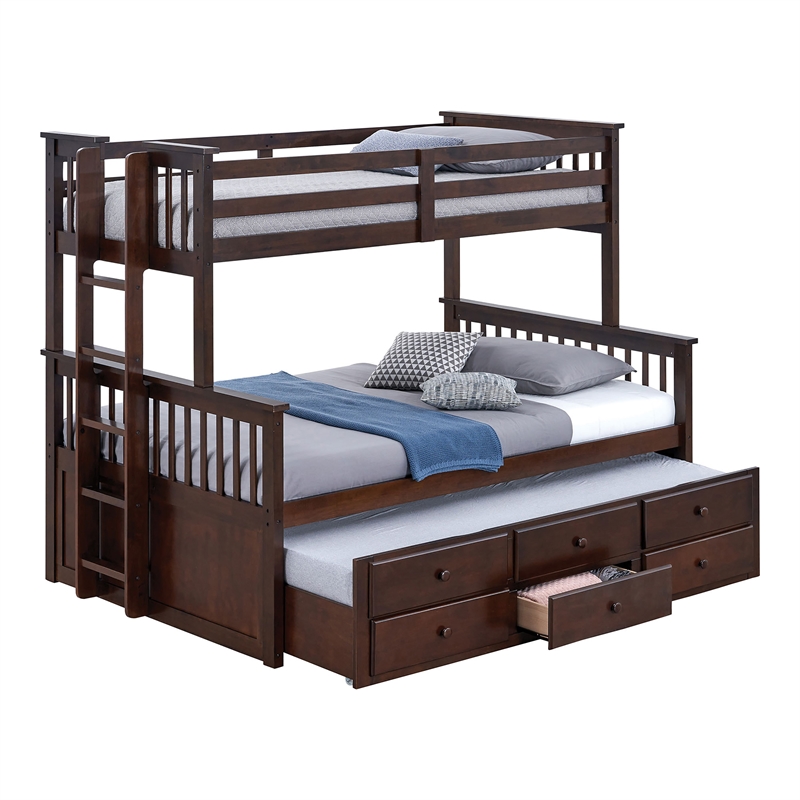 Bowery Hill Twin Over Full Bunk Bed with Trundle Drawer in Dark Walnut