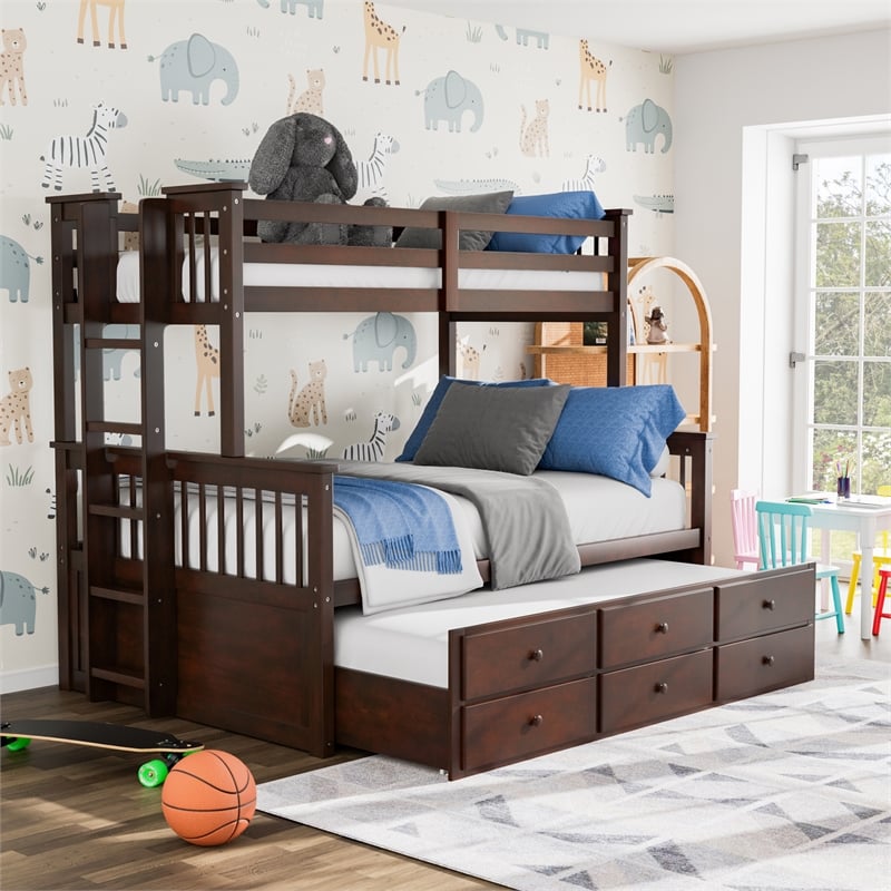 Bowery Hill Twin Over Full Bunk Bed with Trundle Drawer in Dark Walnut