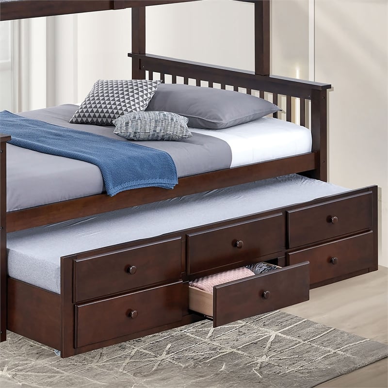 Bowery Hill Twin Over Full Bunk Bed with Trundle Drawer in Dark Walnut