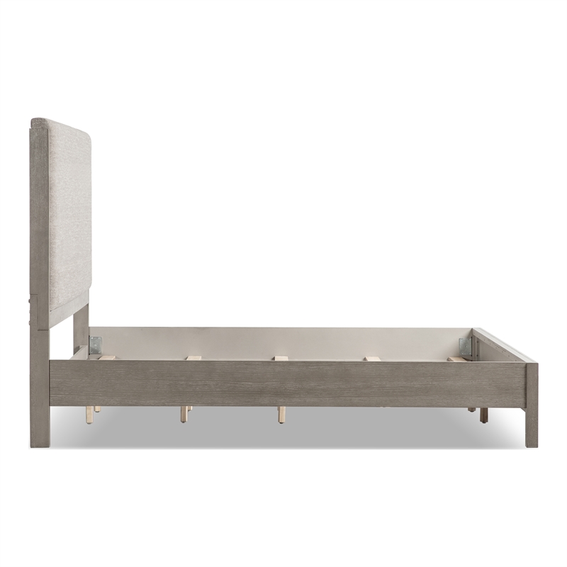 Bowery Hill Gray King Bed with Fabric Padded Headboard in Solid Wood