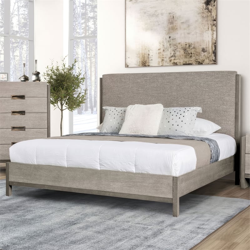 Bowery Hill Gray King Bed with Fabric Padded Headboard in Solid Wood