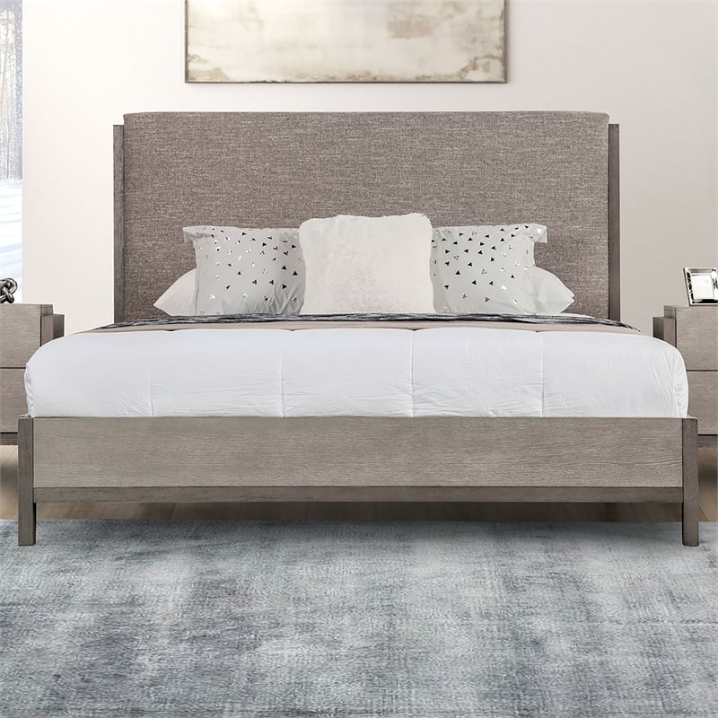 Bowery Hill Gray King Bed with Fabric Padded Headboard in Solid Wood