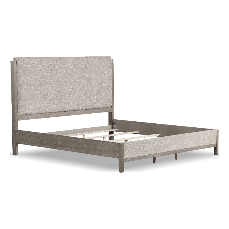 Bowery Hill Gray King Bed with Fabric Padded Headboard in Solid Wood