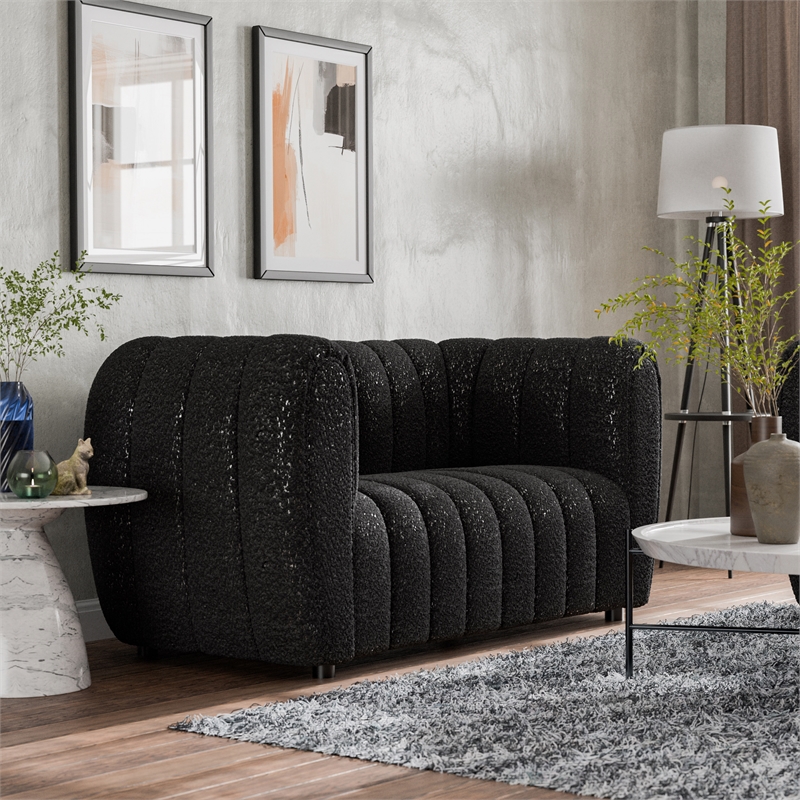 Bowery Hill Boucle Fabric Channel Tufted Loveseat in Black