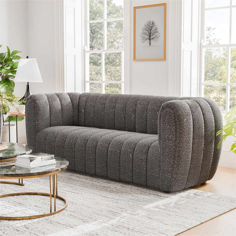 Bowery Hill Boucle Fabric Channel Tufted Sofa in Charcoal Gray