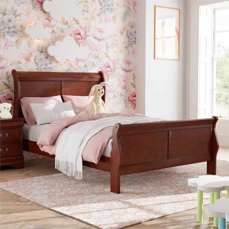 Bowery Hill Wood Sleigh Full Panel Bed in Classic Cherry