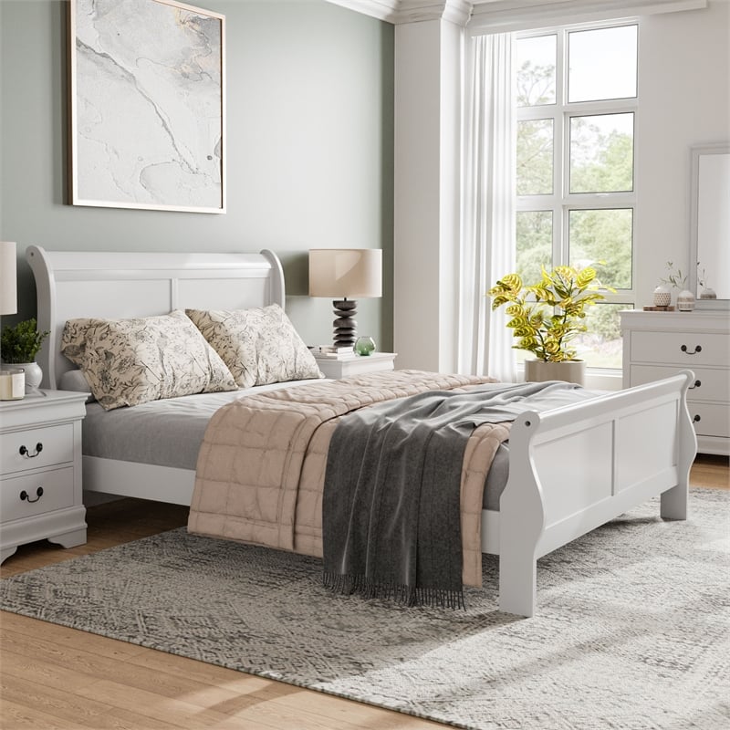 Bowery Hill Wood Sleigh Queen Panel Bed in White