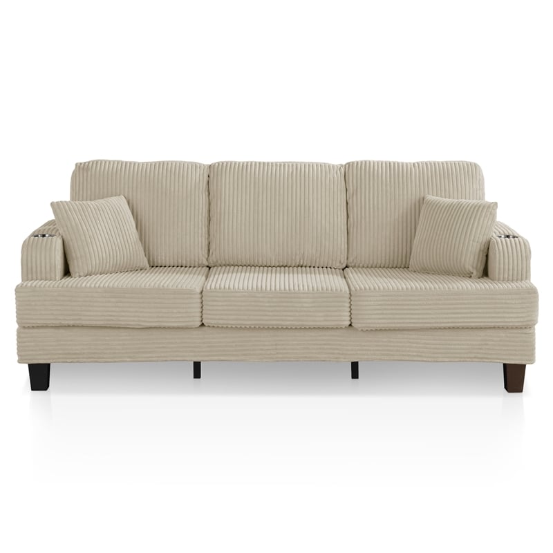 Bowery Hill Chenille Sofa with Cup Holders and USB Ports in Beige