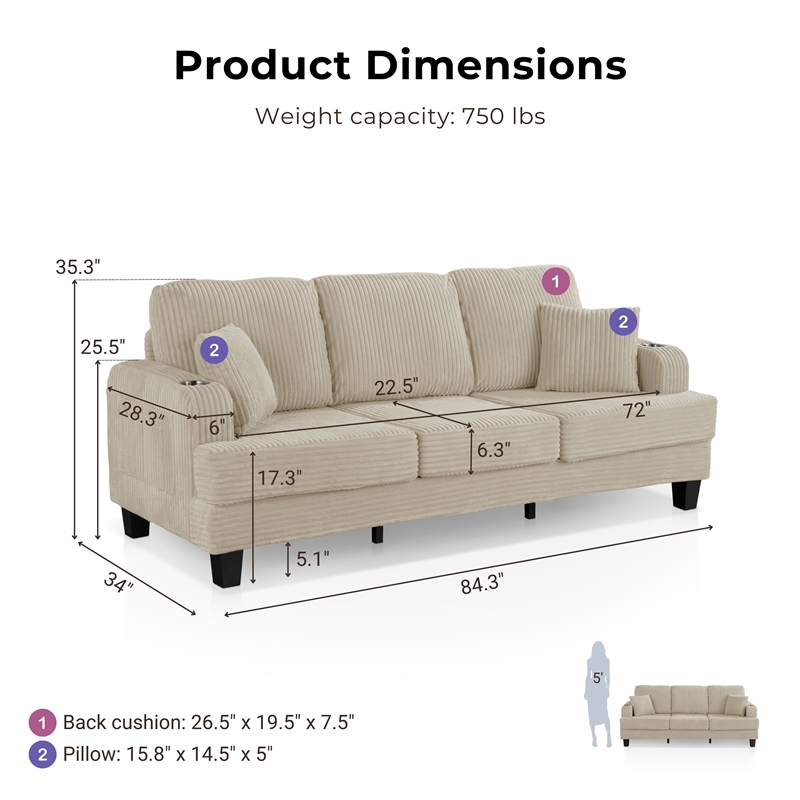 Bowery Hill Chenille Sofa with Cup Holders and USB Ports in Beige