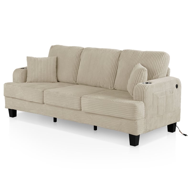 Bowery Hill Chenille Sofa with Cup Holders and USB Ports in Beige