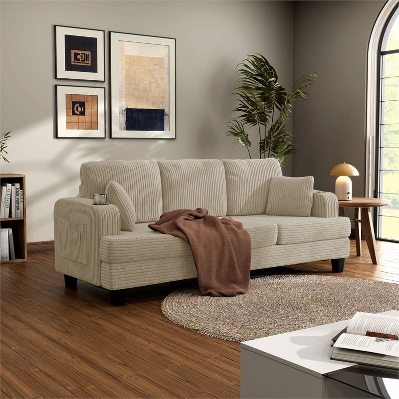 Bowery Hill Chenille Sofa with Cup Holders and USB Ports in Beige