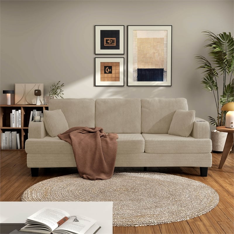 Bowery Hill Chenille Sofa with Cup Holders and USB Ports in Beige