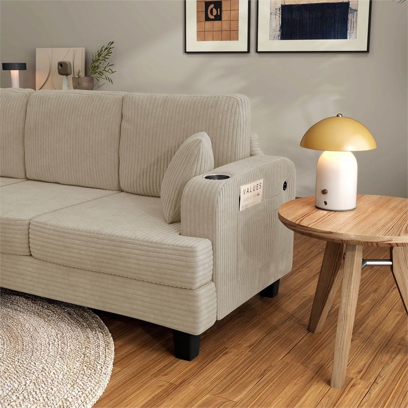 Bowery Hill Chenille Sofa with Cup Holders and USB Ports in Beige