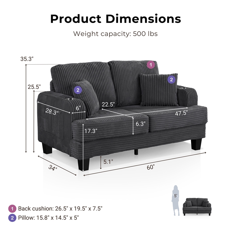 Bowery Hill Dark Gray Chenille Loveseat with Cup Holders and Storage
