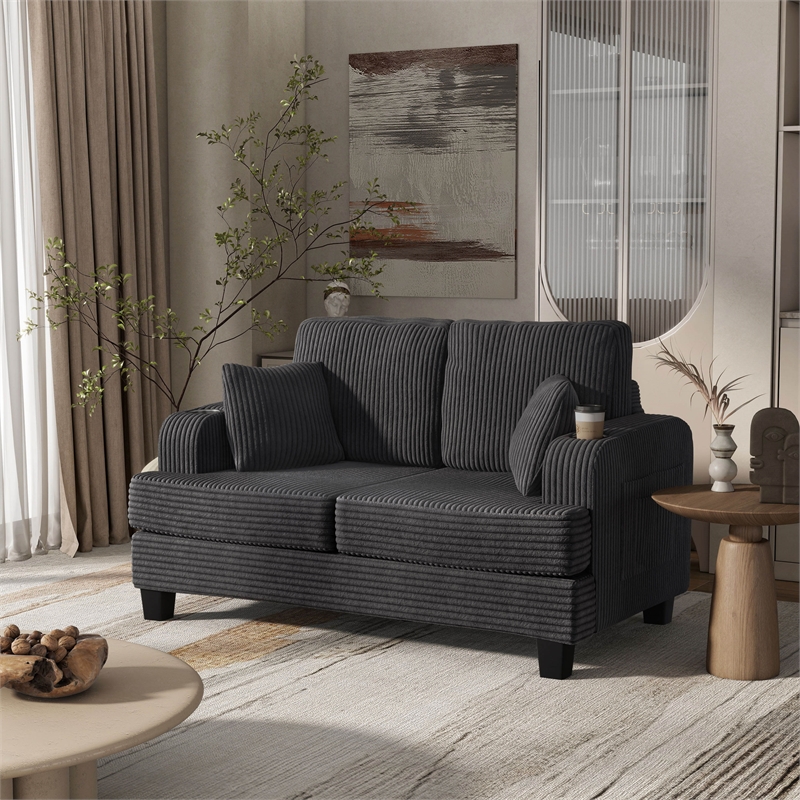 Bowery Hill Dark Gray Chenille Loveseat with Cup Holders and Storage