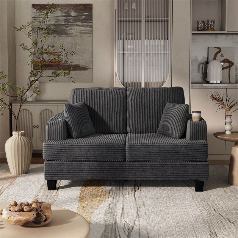 Bowery Hill Dark Gray Chenille Loveseat with Cup Holders and Storage