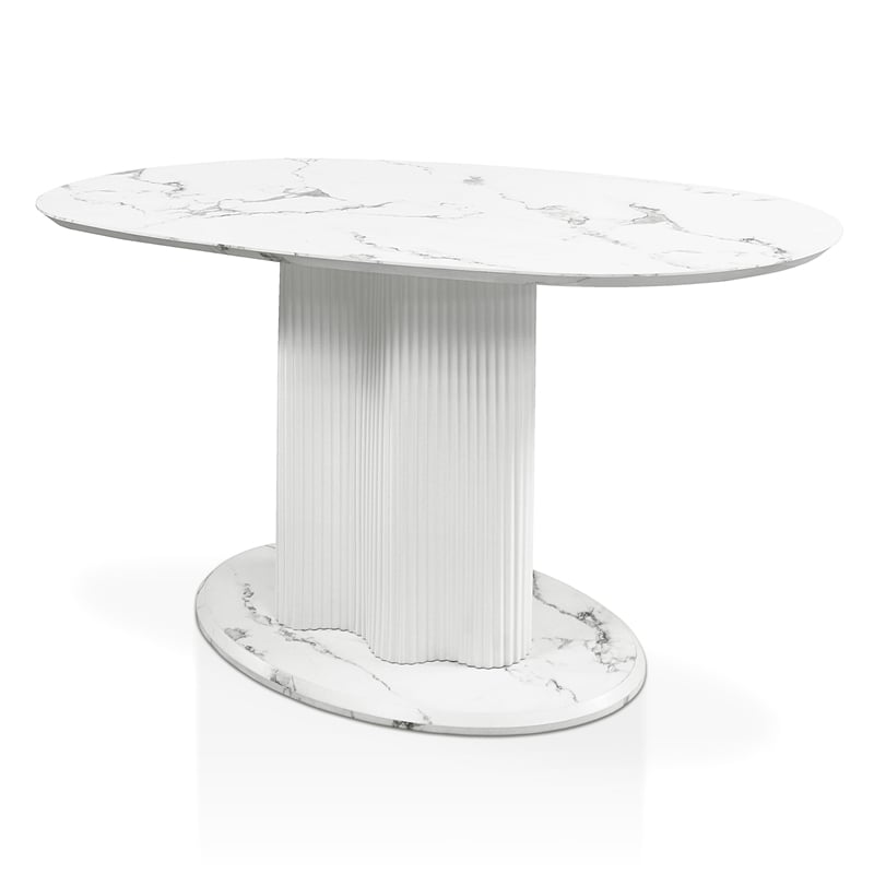 Bowery Hill Faux Marble Oval Dining Table with Iron Base in White