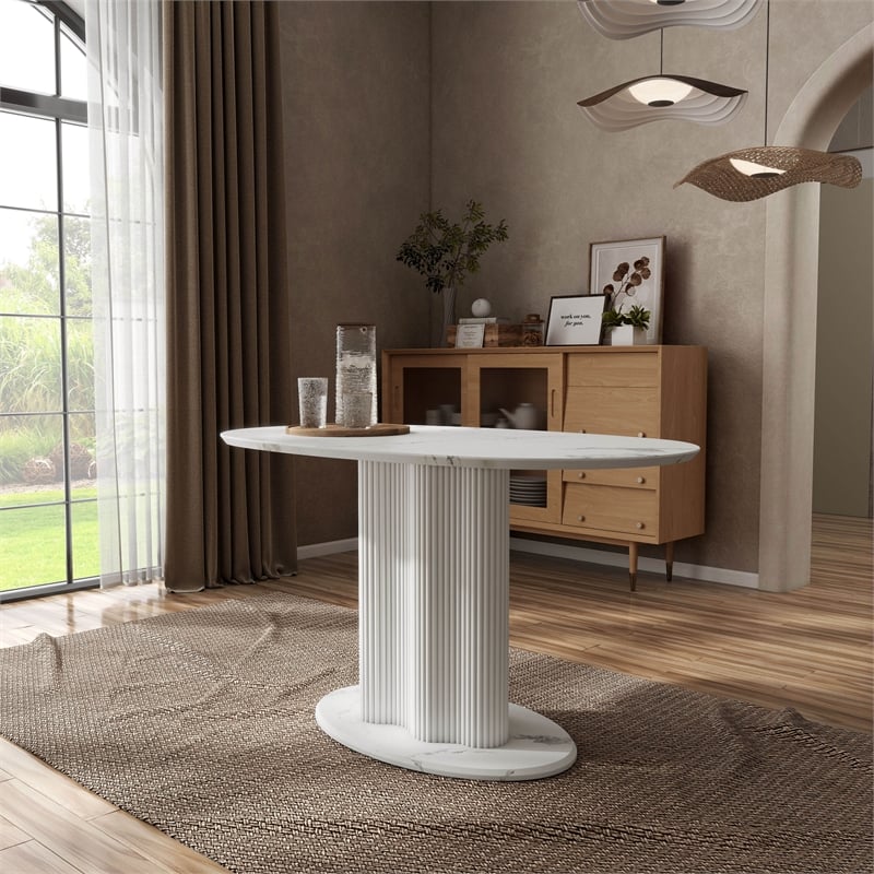 Bowery Hill Faux Marble Oval Dining Table with Iron Base in White