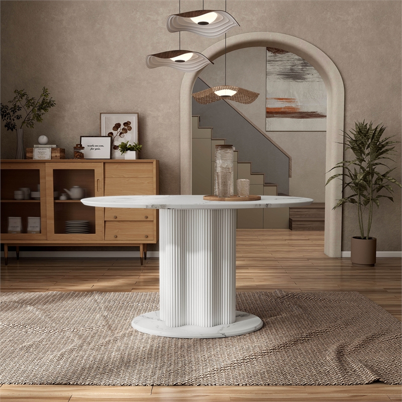 Bowery Hill Faux Marble Oval Dining Table with Iron Base in White