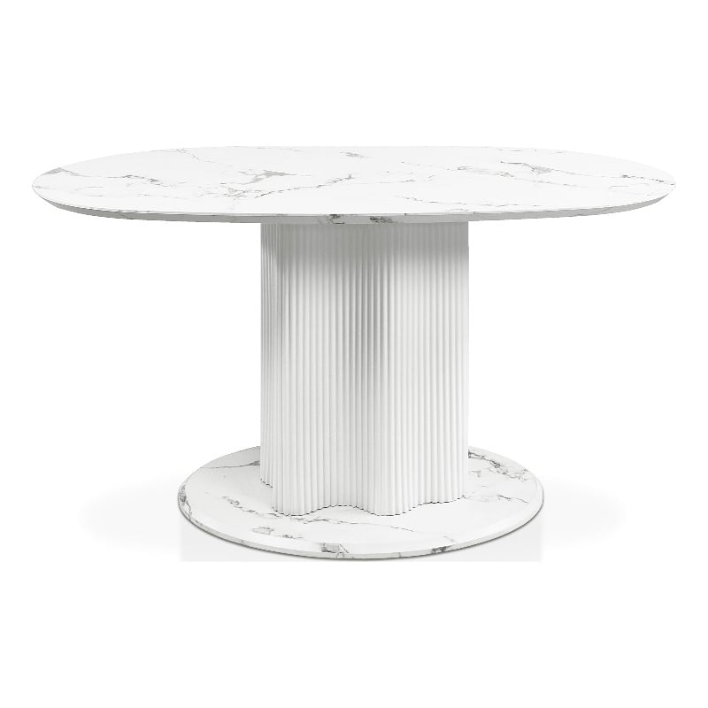 Bowery Hill Faux Marble Oval Dining Table with Iron Base in White