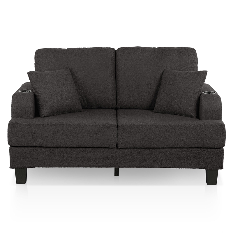 Bowery Hill Dark Gray Loveseat with Cup Holders and Side Pockets
