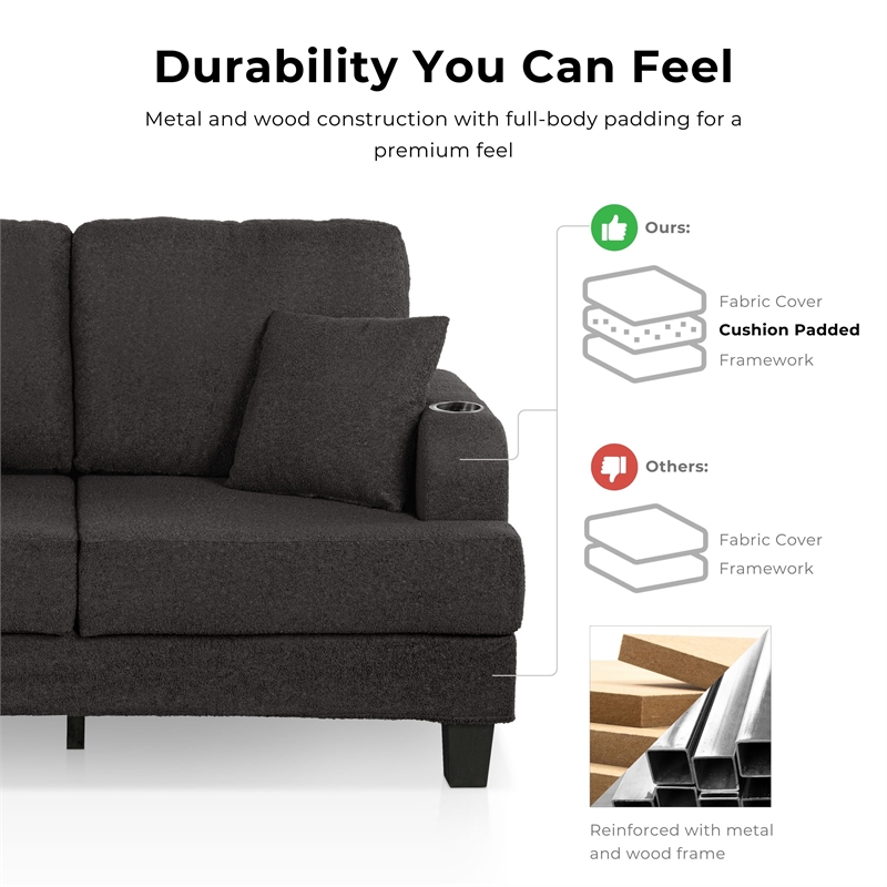 Bowery Hill Dark Gray Loveseat with Cup Holders and Side Pockets