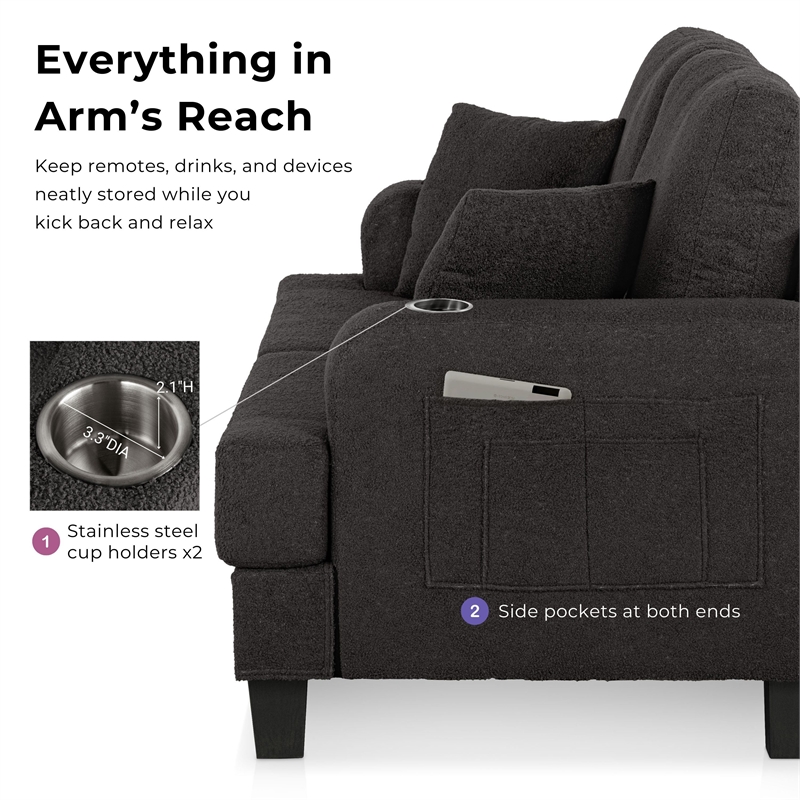 Bowery Hill Dark Gray Loveseat with Cup Holders and Side Pockets