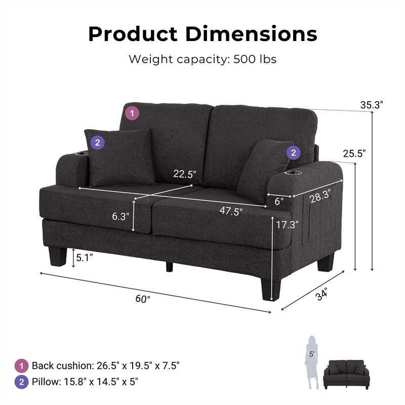 Bowery Hill Dark Gray Loveseat with Cup Holders and Side Pockets