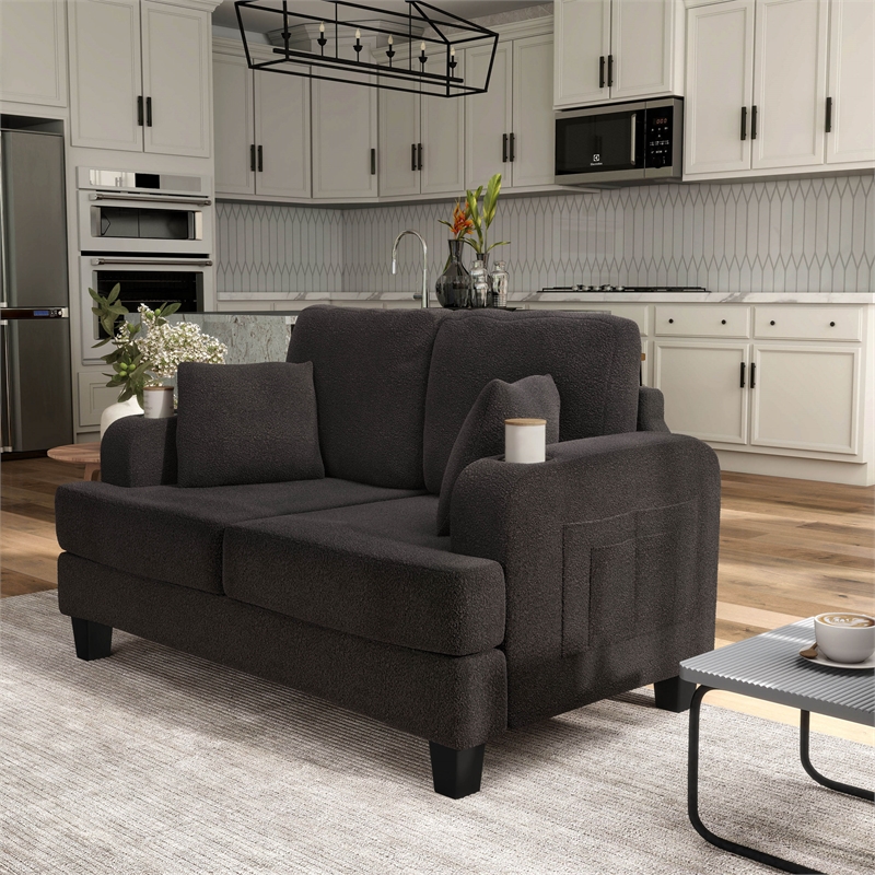 Bowery Hill Dark Gray Loveseat with Cup Holders and Side Pockets