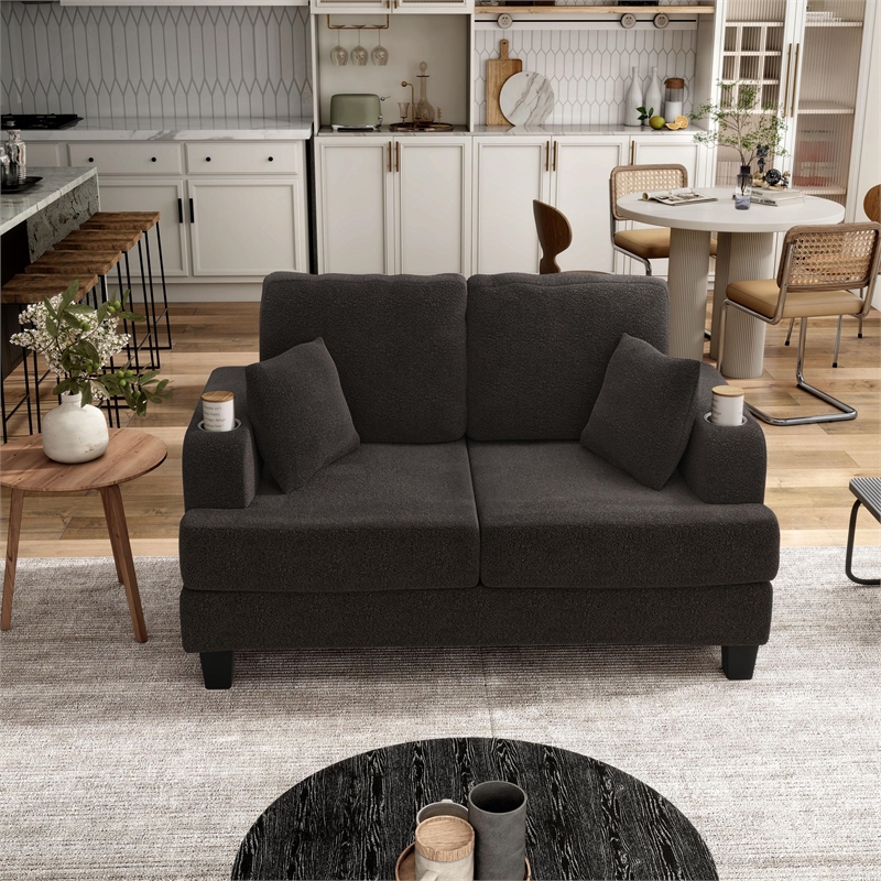 Bowery Hill Dark Gray Loveseat with Cup Holders and Side Pockets