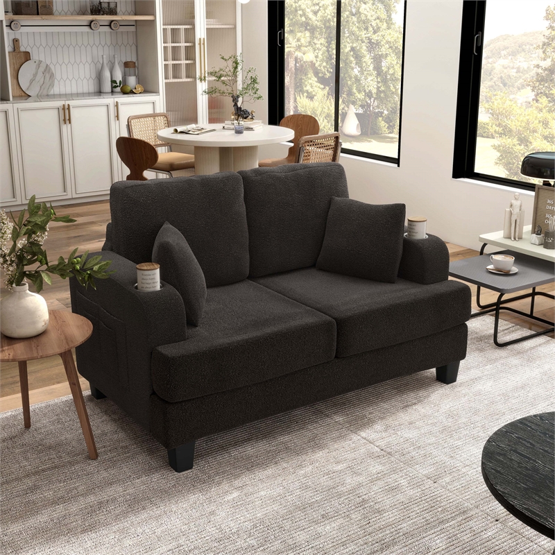 Bowery Hill Dark Gray Loveseat with Cup Holders and Side Pockets