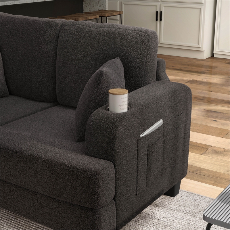 Bowery Hill Dark Gray Loveseat with Cup Holders and Side Pockets