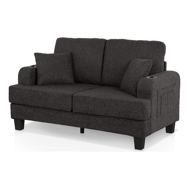 Bowery Hill Dark Gray Loveseat with Cup Holders and Side Pockets