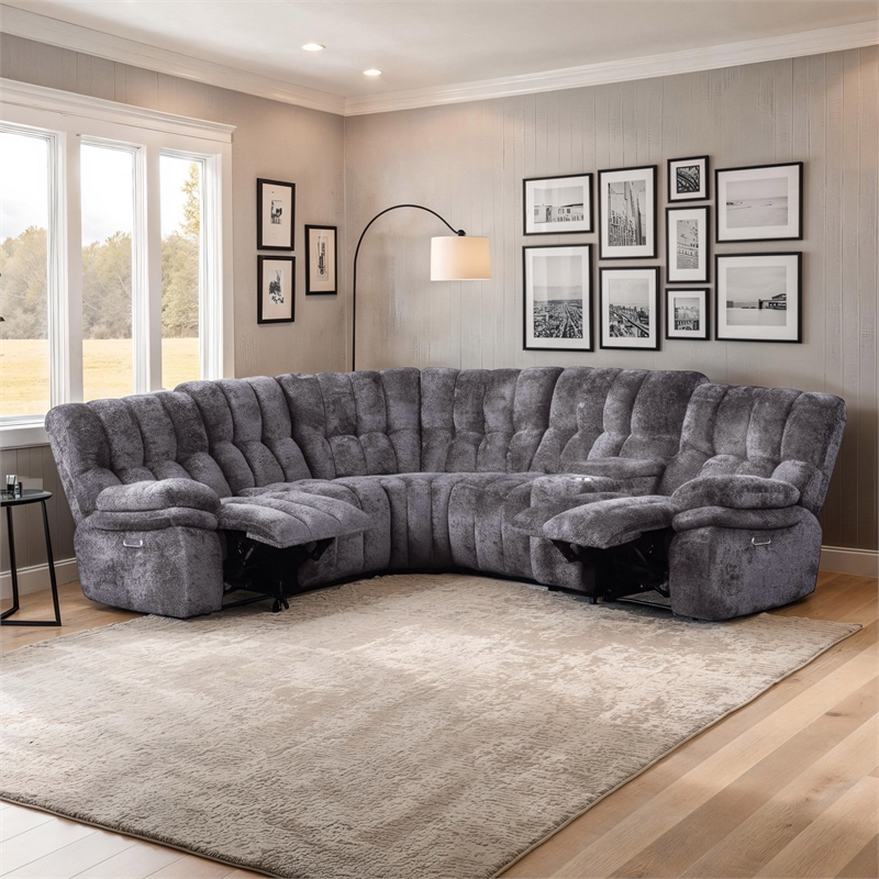 Bowery Hill Dark Gray Fabric Power Reclining Sectional with USB Ports