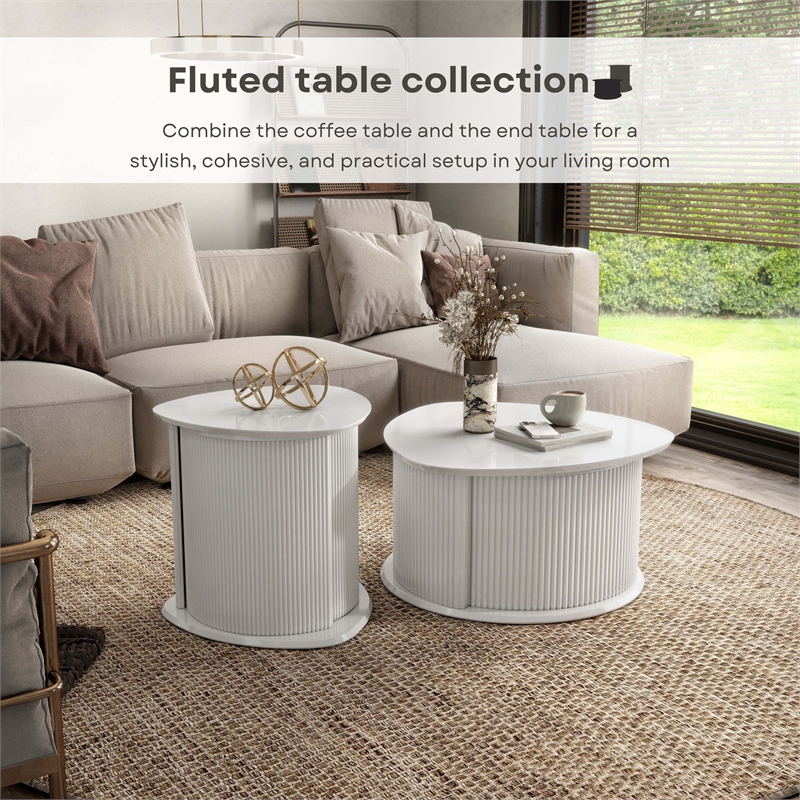 Bowery Hill 2-Piece Glossy White End Table Set with Fluted Pedestal Base