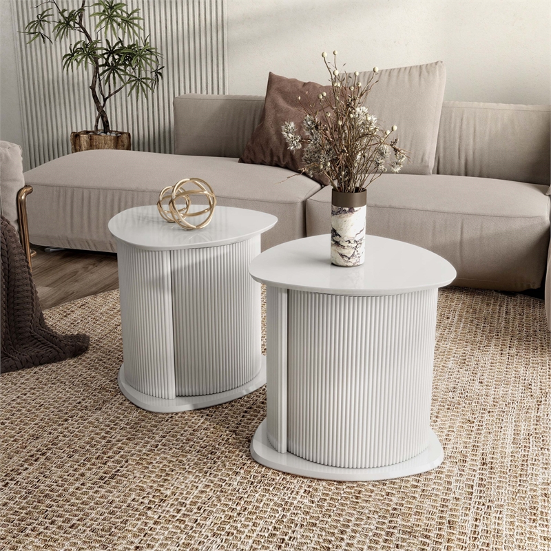 Bowery Hill 2-Piece Glossy White End Table Set with Fluted Pedestal Base