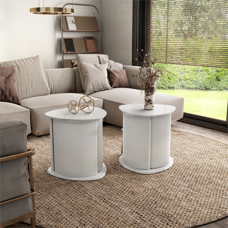 Bowery Hill 2-Piece Glossy White End Table Set with Fluted Pedestal Base