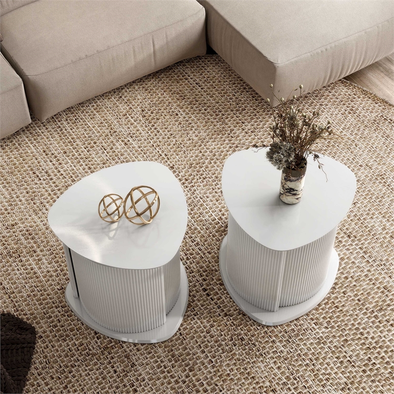 Bowery Hill 2-Piece Glossy White End Table Set with Fluted Pedestal Base