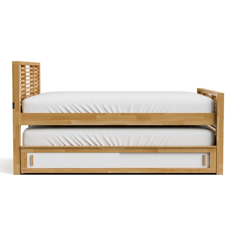 Bowery Hill Wood Full Captain Bed with Trundle and USB Port in Light Oak