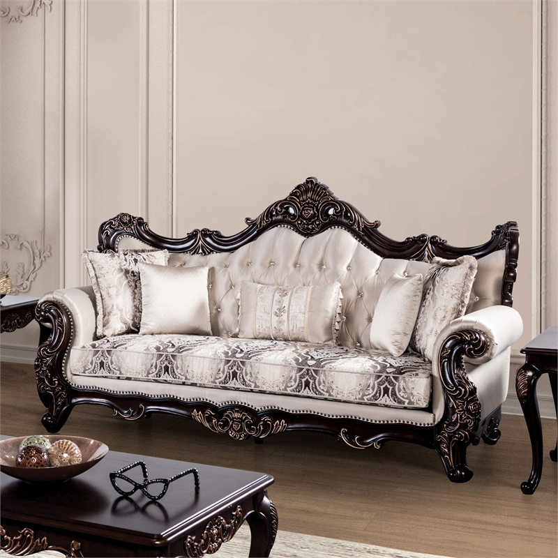 Bowery Hill Beige Tufted Fabric Sofa in Dark Cherry Finish