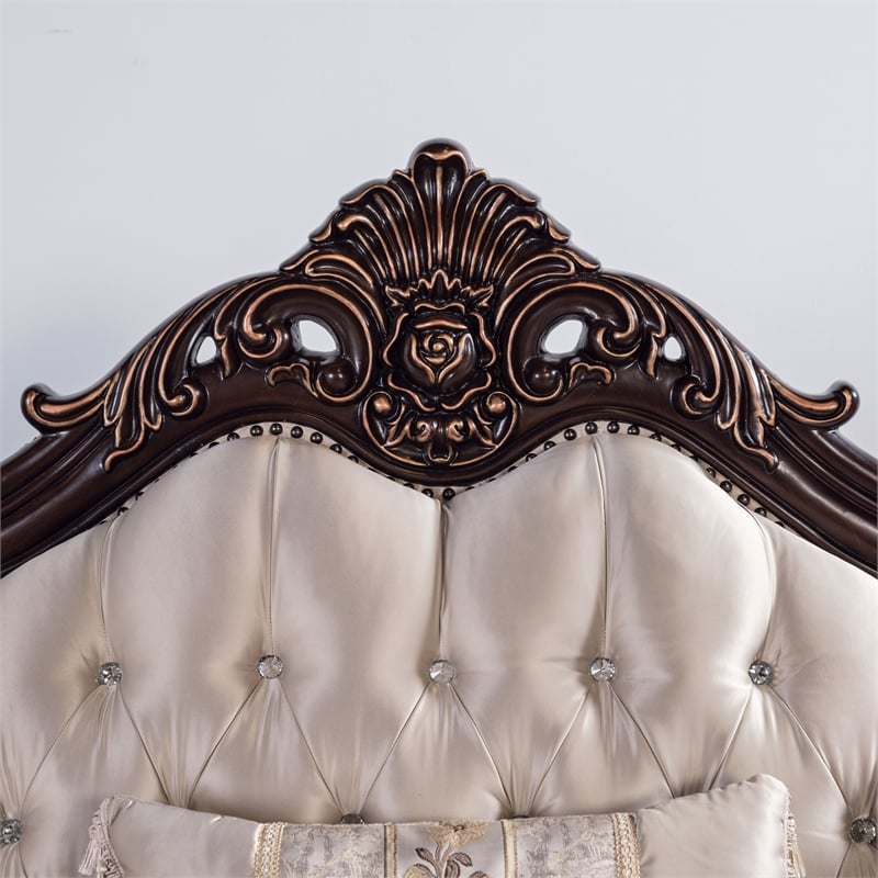 Bowery Hill Beige Tufted Fabric Sofa in Dark Cherry Finish